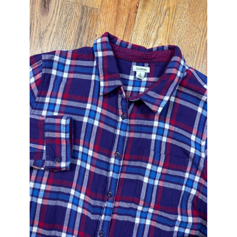 LL Bean Flannel Shirt‎ Men Large Purple Blue Plaid Cotton Button Down